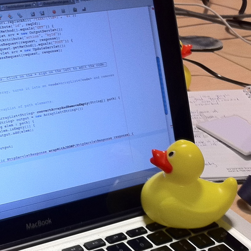 A rubber duck next to code on screen